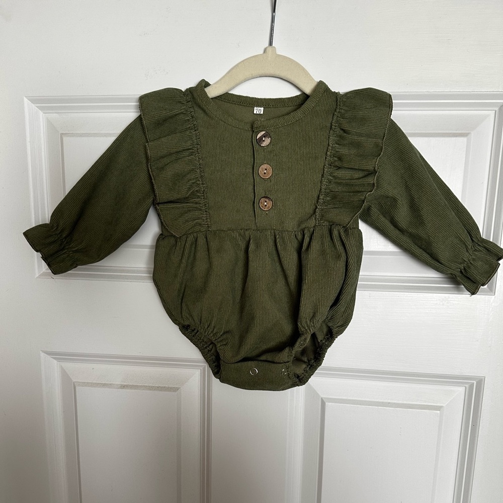 Olive green corduroy baby girl romper. Size 70/0-3M